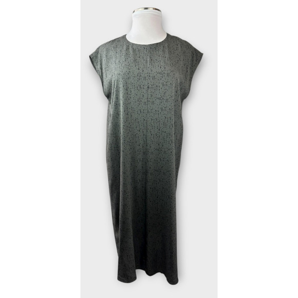 Eileen Fisher 100% Silk Round Neck Maxi Shift Dress Gray Black Print Size Large - Picture 2 of 16